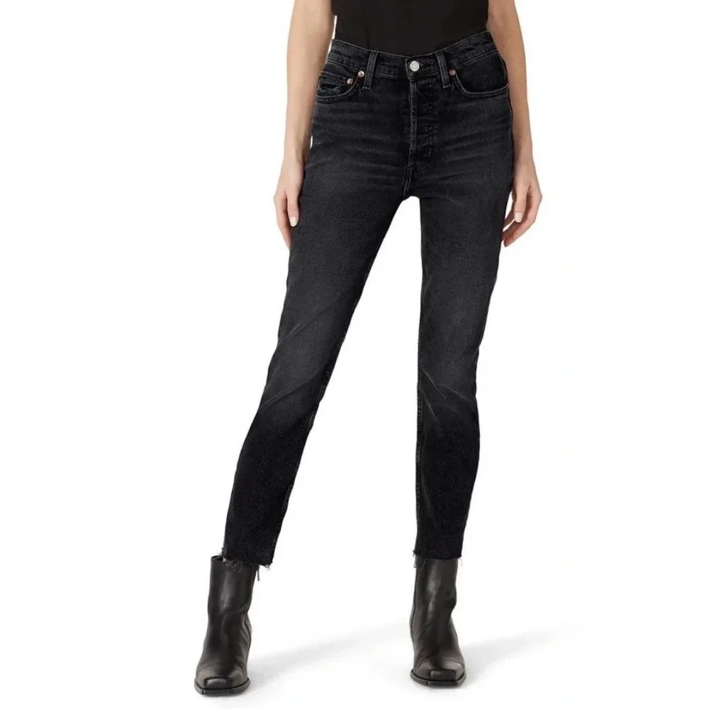 RE/DONE 90S High Rise Straight Leg Jeans Stoned Noir Black Women's Size 24